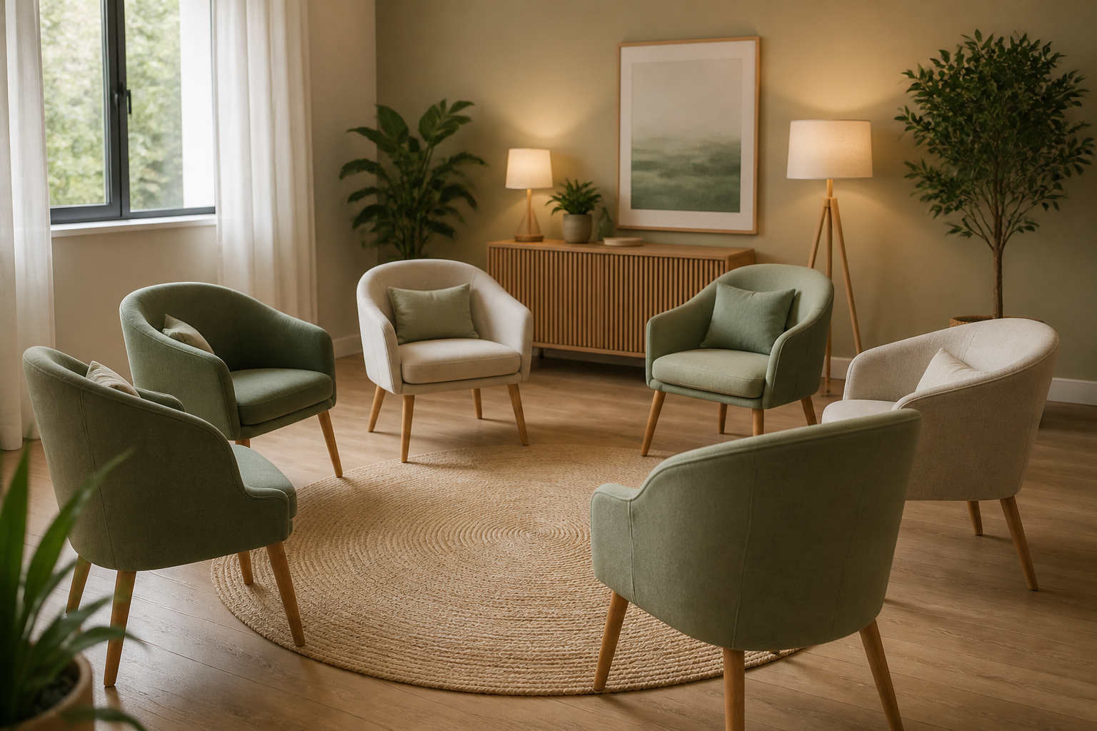 Sala tranquila com círculo de cadeiras para terapia em grupo